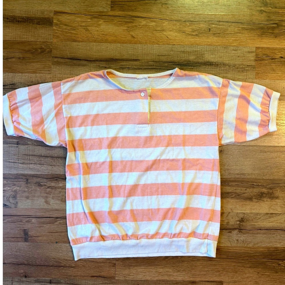 Vintage Knit Top Pink White Striped Henley Vintage Retro Short Sleeve Tee